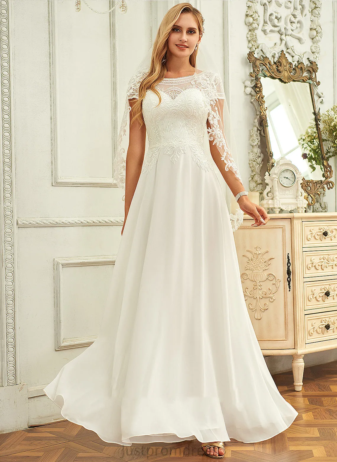 Lace Chiffon Wedding Caylee Floor-Length Wedding Dresses Scoop Dress With Sequins Neck
