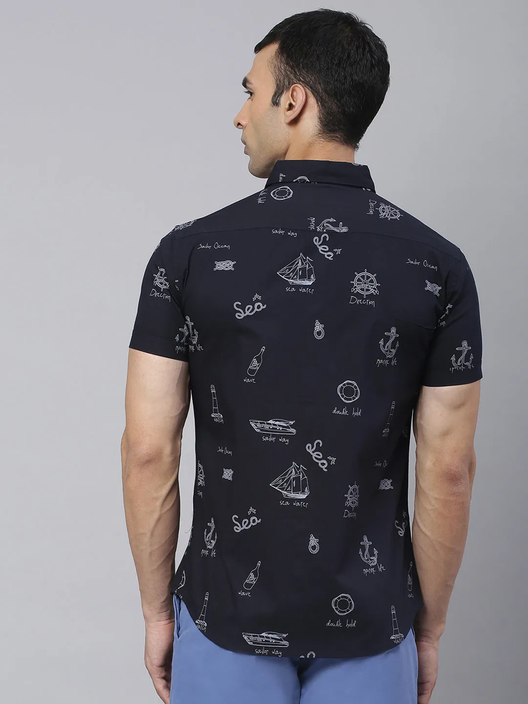 Men's Abstract Print Slim Fit Half Shirts (Navy)