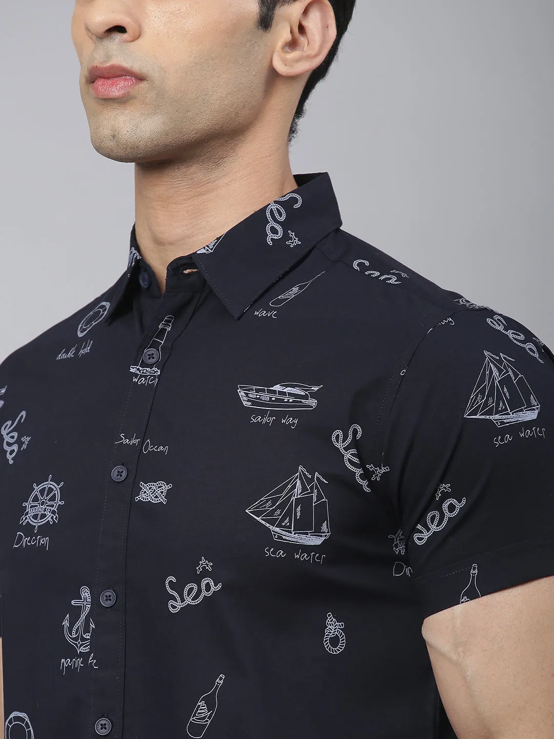 Men's Abstract Print Slim Fit Half Shirts (Navy)