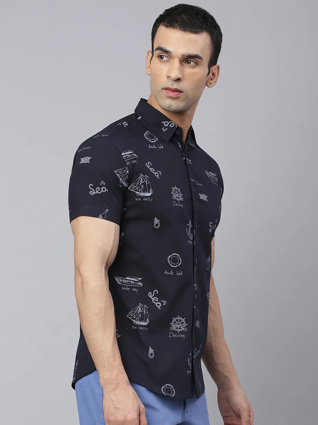 Men's Abstract Print Slim Fit Half Shirts (Navy)
