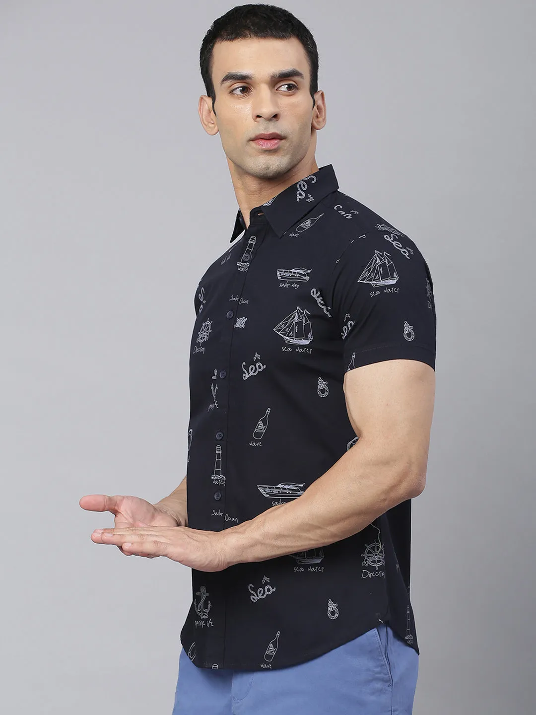 Men's Abstract Print Slim Fit Half Shirts (Navy)