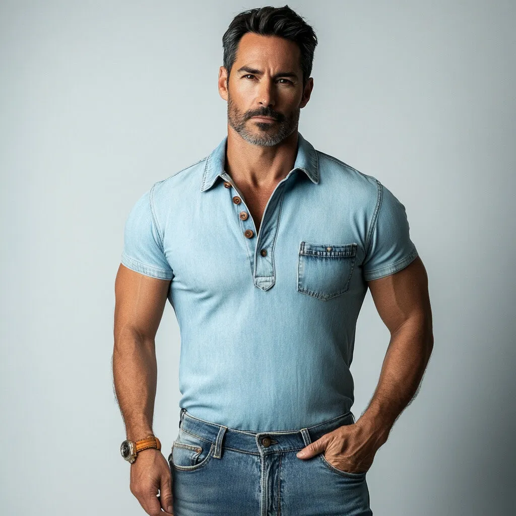 Men's Casual Half Button Chest Pocket Short Sleeve Denim Polo Shirt