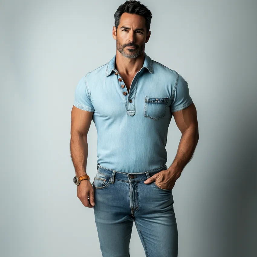 Men's Casual Half Button Chest Pocket Short Sleeve Denim Polo Shirt