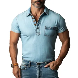 Men's Casual Half Button Chest Pocket Short Sleeve Denim Polo Shirt