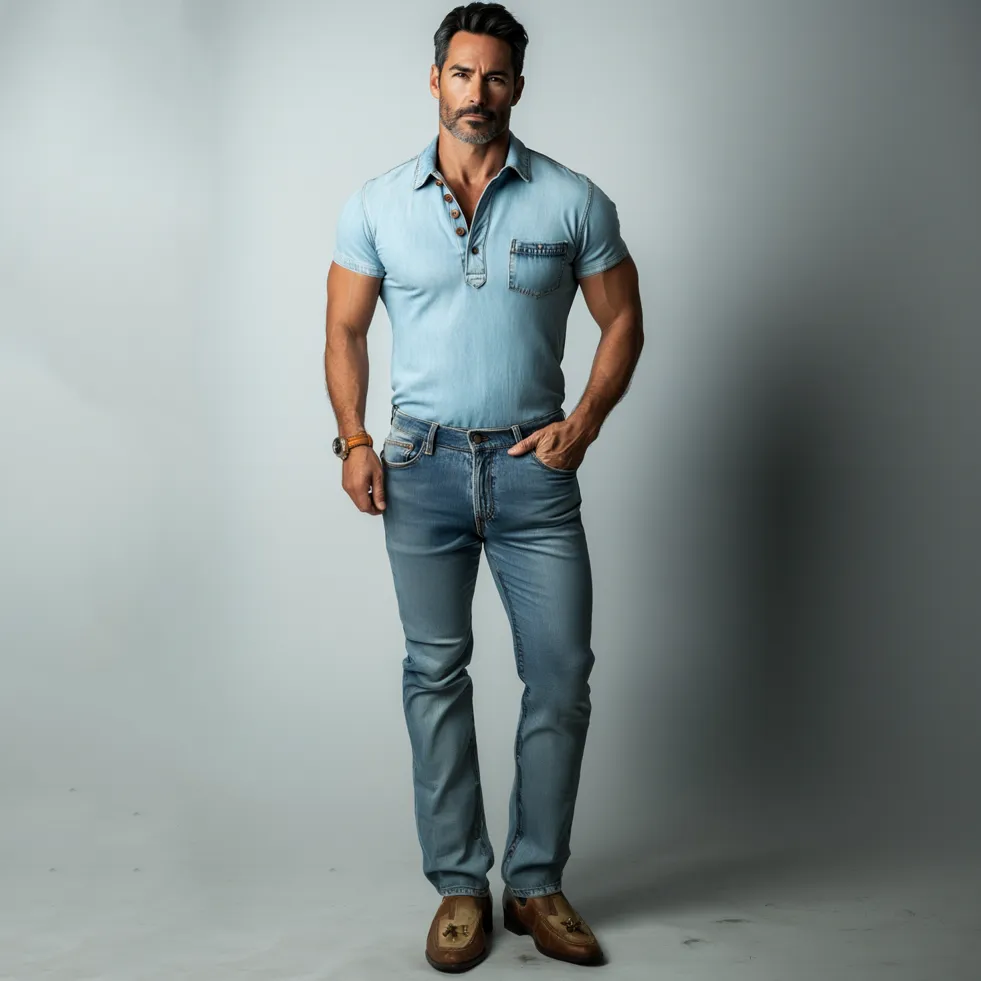 Men's Casual Half Button Chest Pocket Short Sleeve Denim Polo Shirt