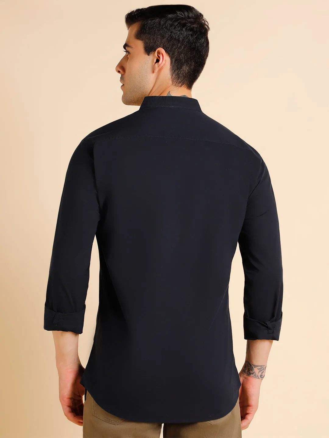 Men's Mandarin Collar Slim Fit Solid Navy Shirts