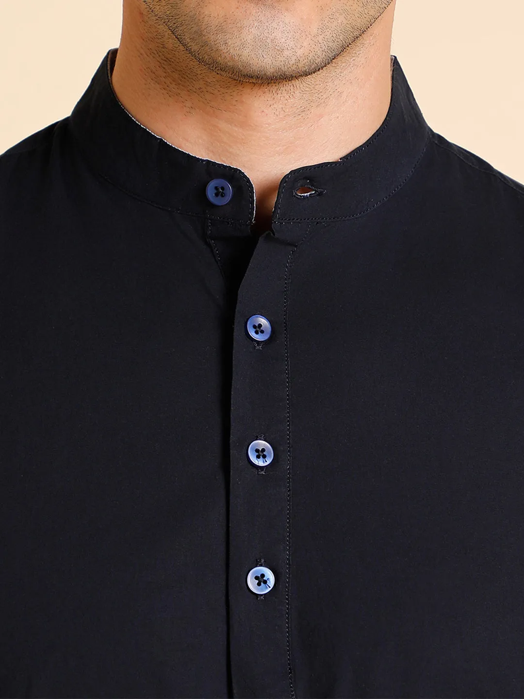 Men's Mandarin Collar Slim Fit Solid Navy Shirts