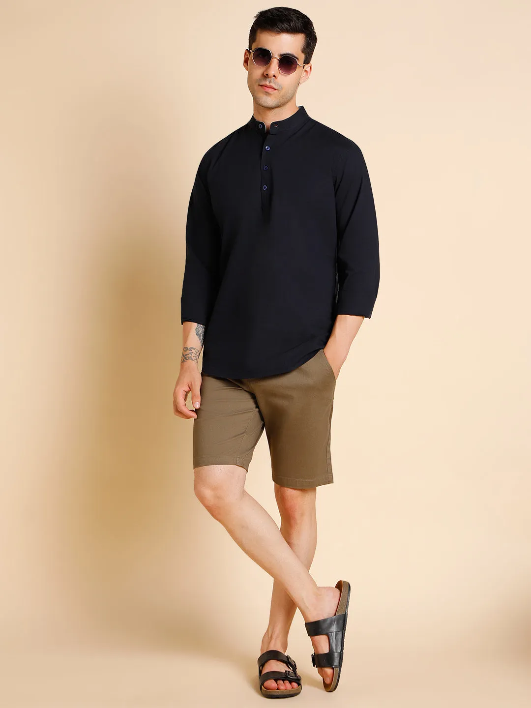 Men's Mandarin Collar Slim Fit Solid Navy Shirts