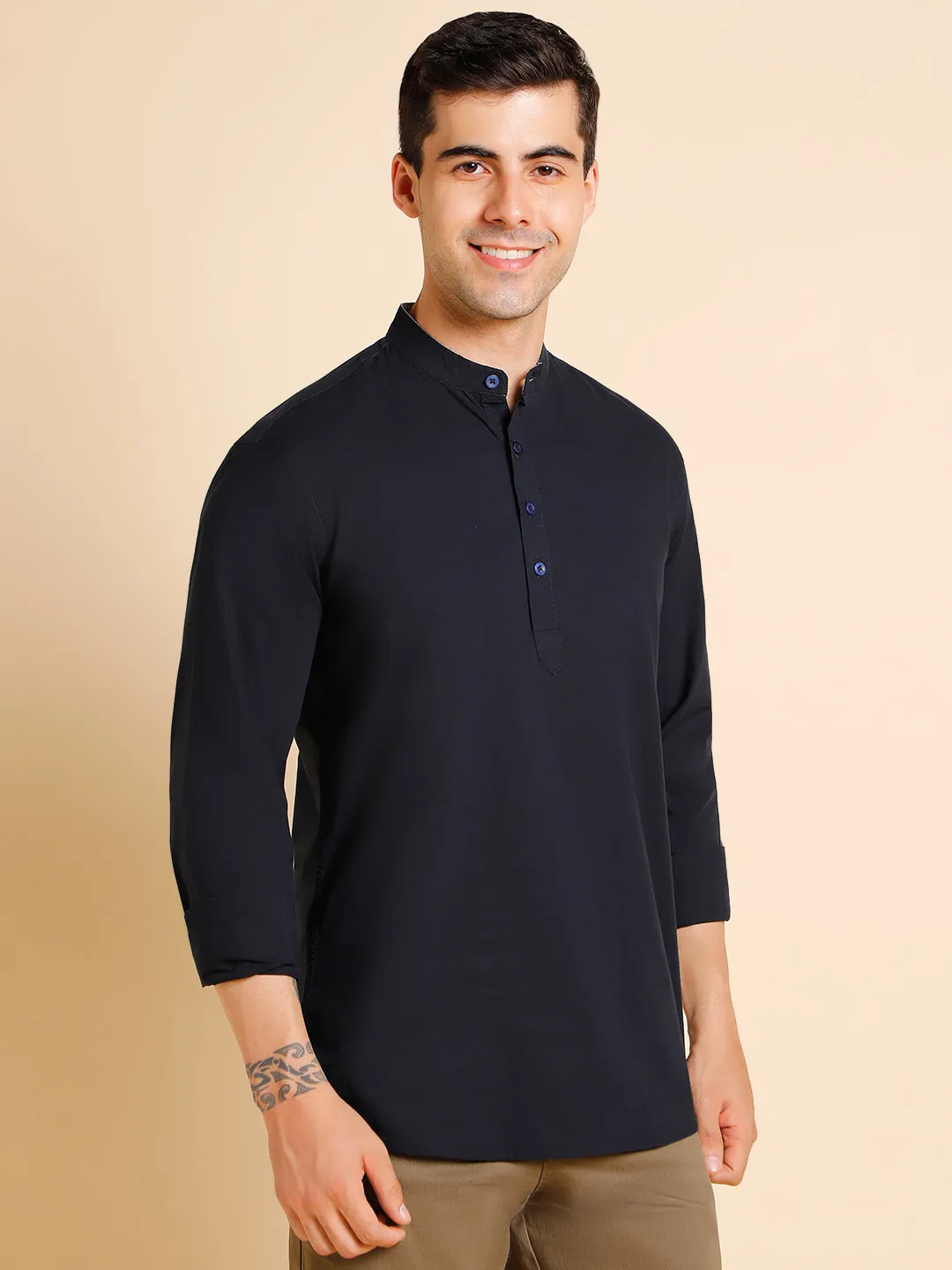 Men's Mandarin Collar Slim Fit Solid Navy Shirts