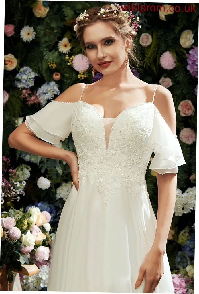 Organza Dress With Shoulder Wedding Dresses Sequins Train Teagan A-Line Ruffle Court Cold Wedding Beading