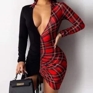 Plaid Drawstring Bodycon Dress