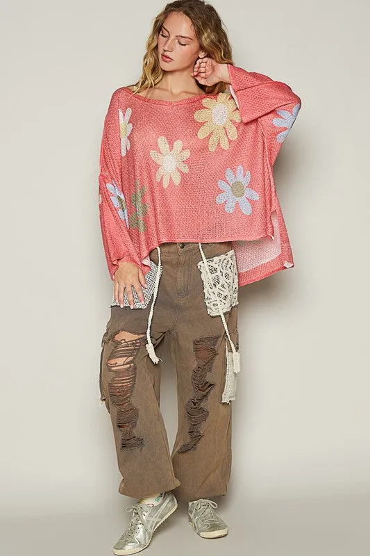 POL Burnt Coral Flower Dropped Shoulder Long Sleeve Knit Top