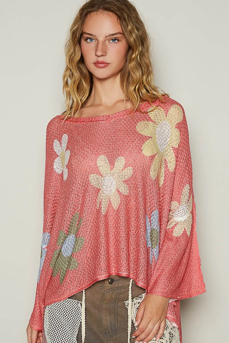 POL Burnt Coral Flower Dropped Shoulder Long Sleeve Knit Top