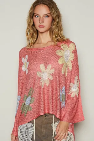 POL Burnt Coral Flower Dropped Shoulder Long Sleeve Knit Top