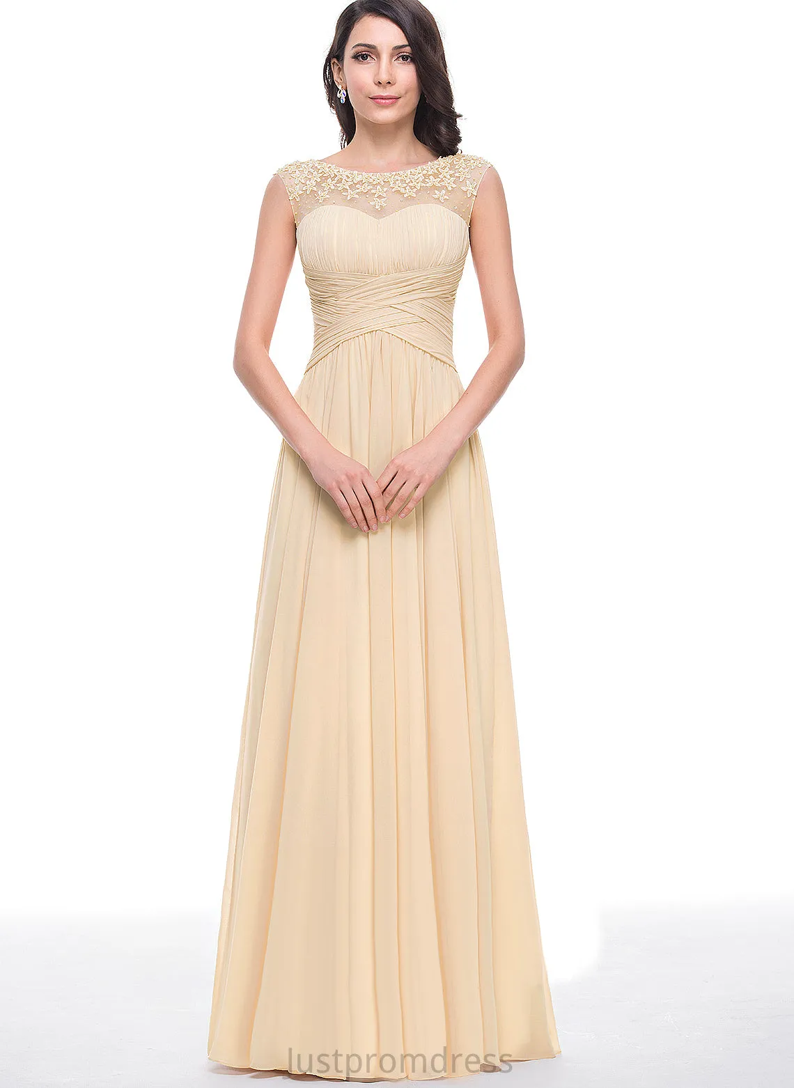 Prom Dresses Floor-Length Raelynn Tulle Flower(s) Chiffon Ruffle A-Line With Scoop Beading