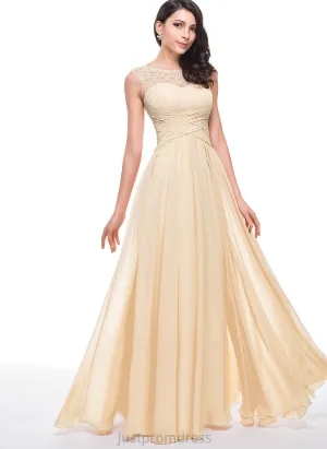 Prom Dresses Floor-Length Raelynn Tulle Flower(s) Chiffon Ruffle A-Line With Scoop Beading