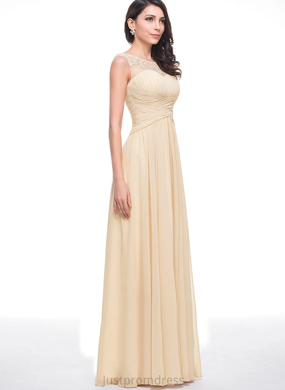 Prom Dresses Floor-Length Raelynn Tulle Flower(s) Chiffon Ruffle A-Line With Scoop Beading