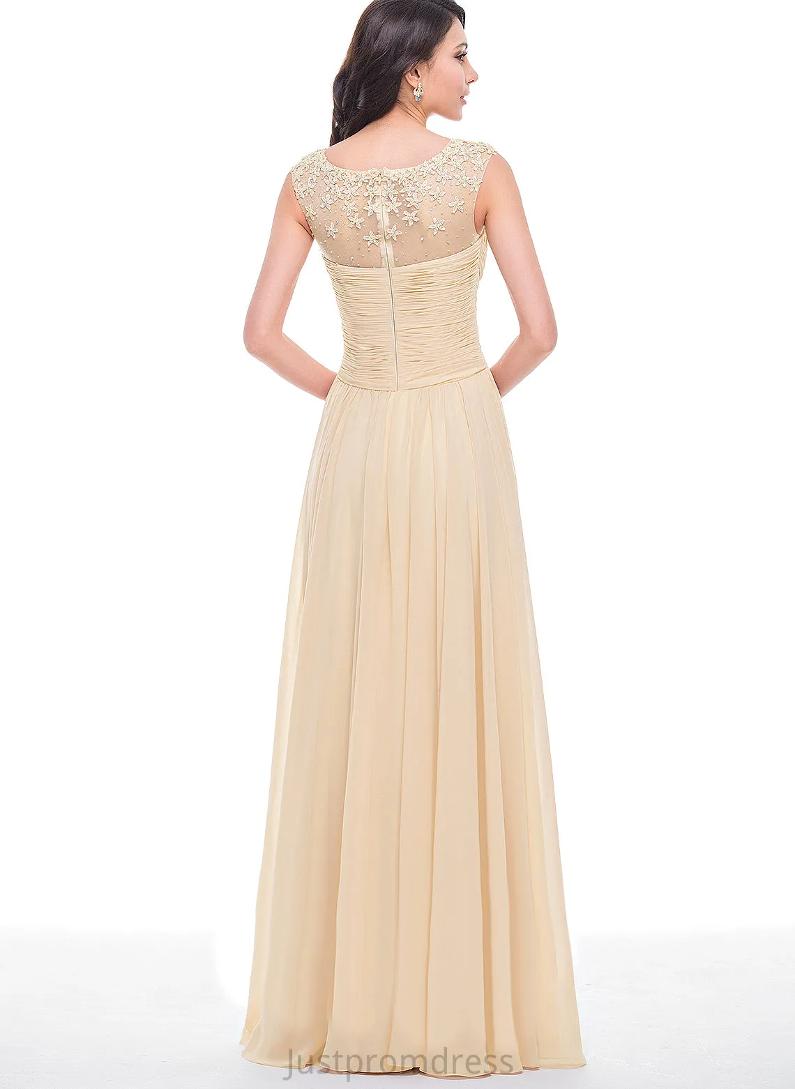 Prom Dresses Floor-Length Raelynn Tulle Flower(s) Chiffon Ruffle A-Line With Scoop Beading