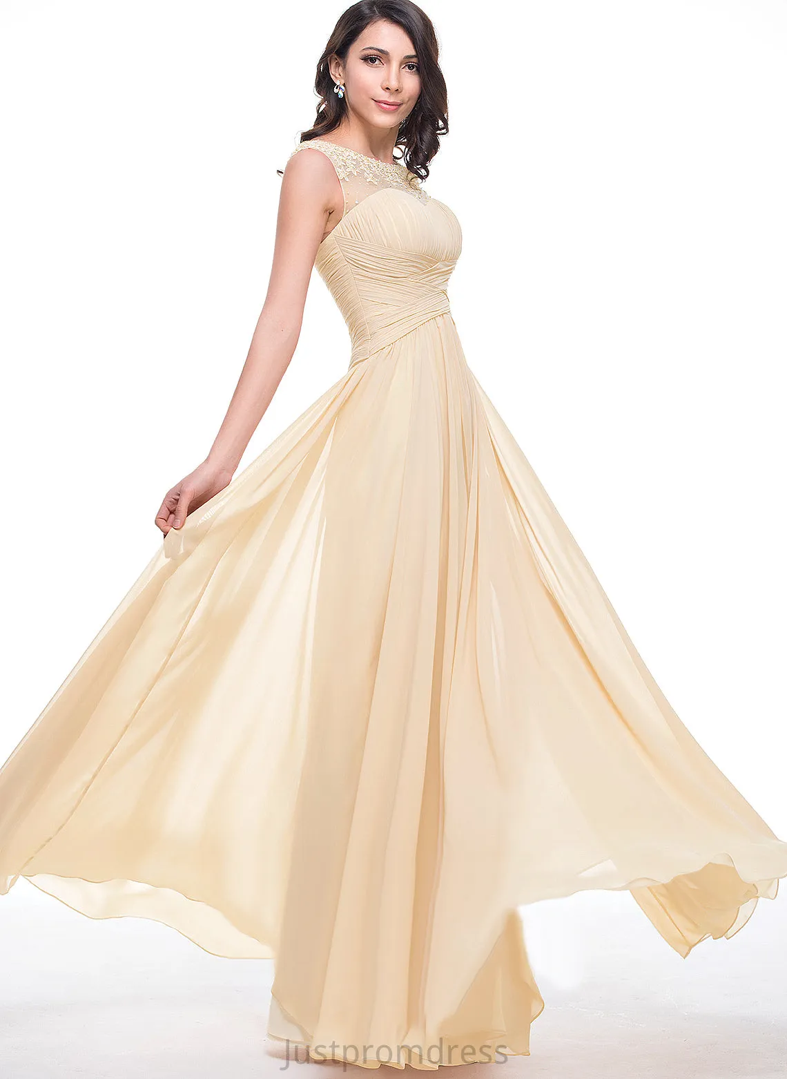 Prom Dresses Floor-Length Raelynn Tulle Flower(s) Chiffon Ruffle A-Line With Scoop Beading