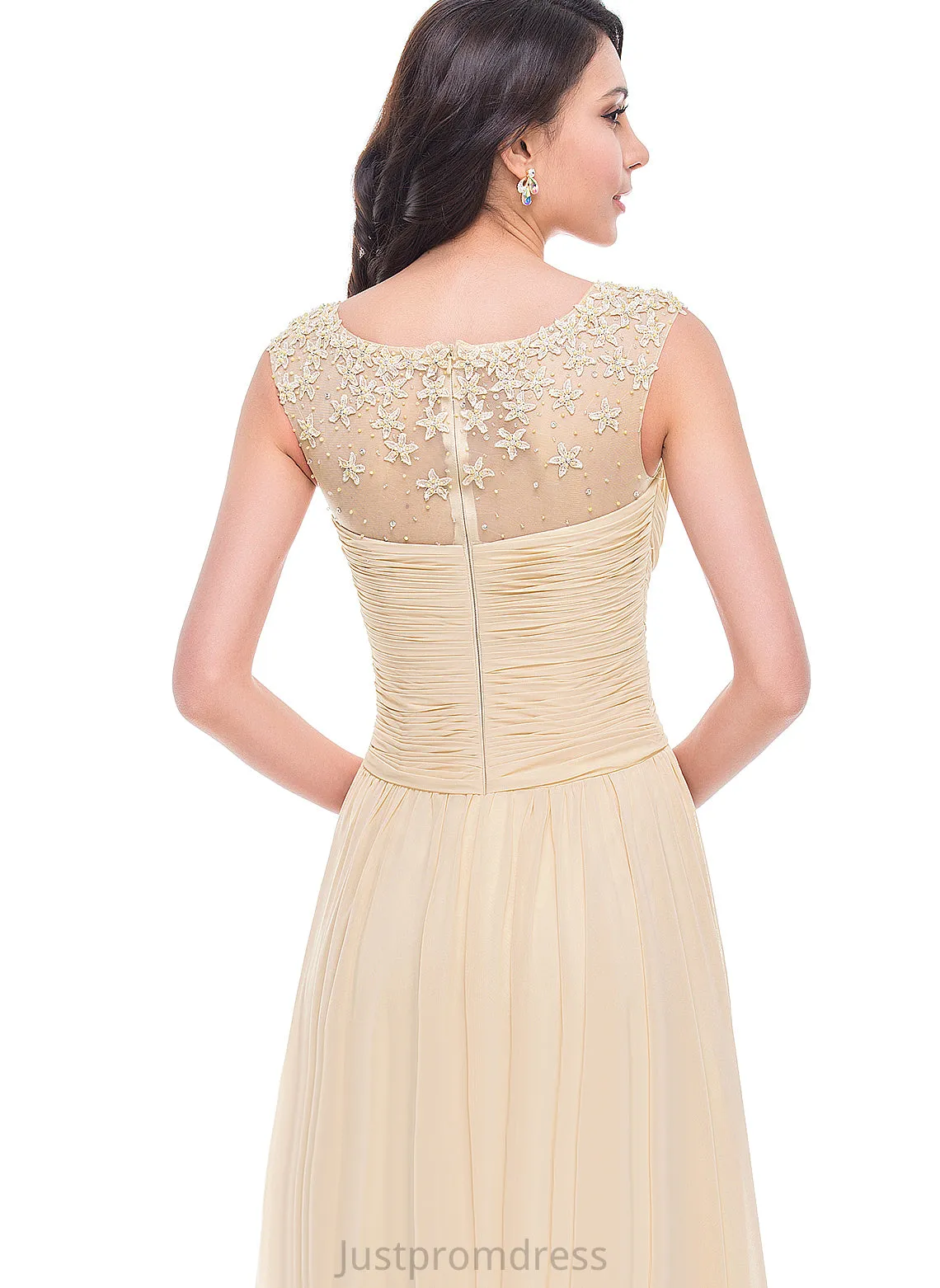 Prom Dresses Floor-Length Raelynn Tulle Flower(s) Chiffon Ruffle A-Line With Scoop Beading