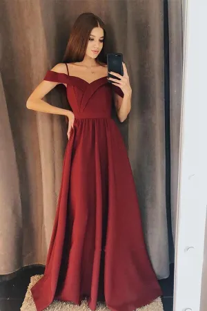 Promfast Charming A Line Off the Shoulder Burgundy Satin Long Prom Dresses PFP1802