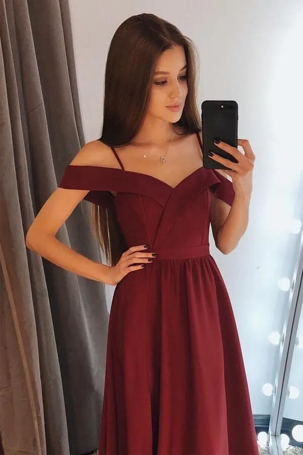 Promfast Charming A Line Off the Shoulder Burgundy Satin Long Prom Dresses PFP1802