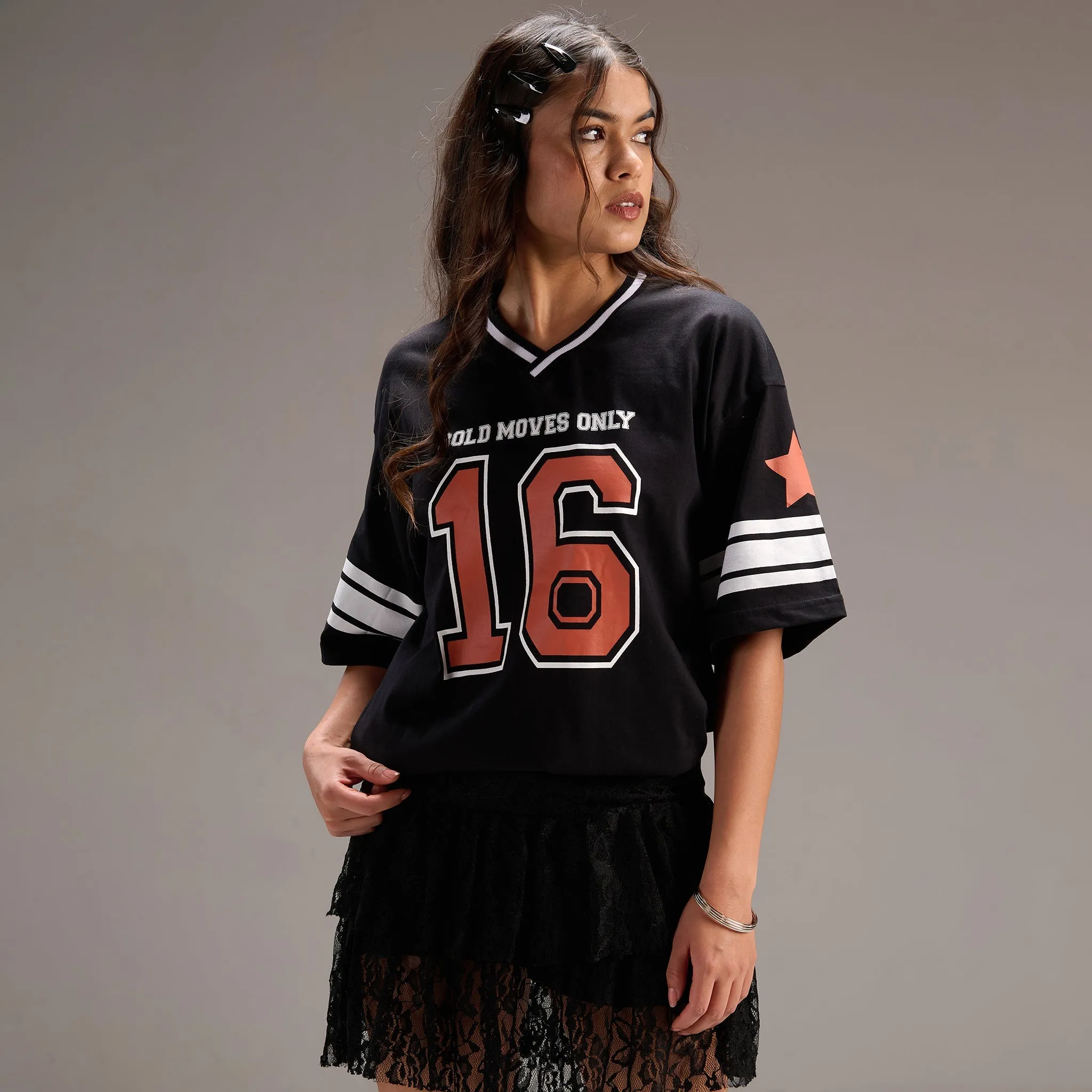 "No- 16" Oversize Varsity Black T-shirt for women