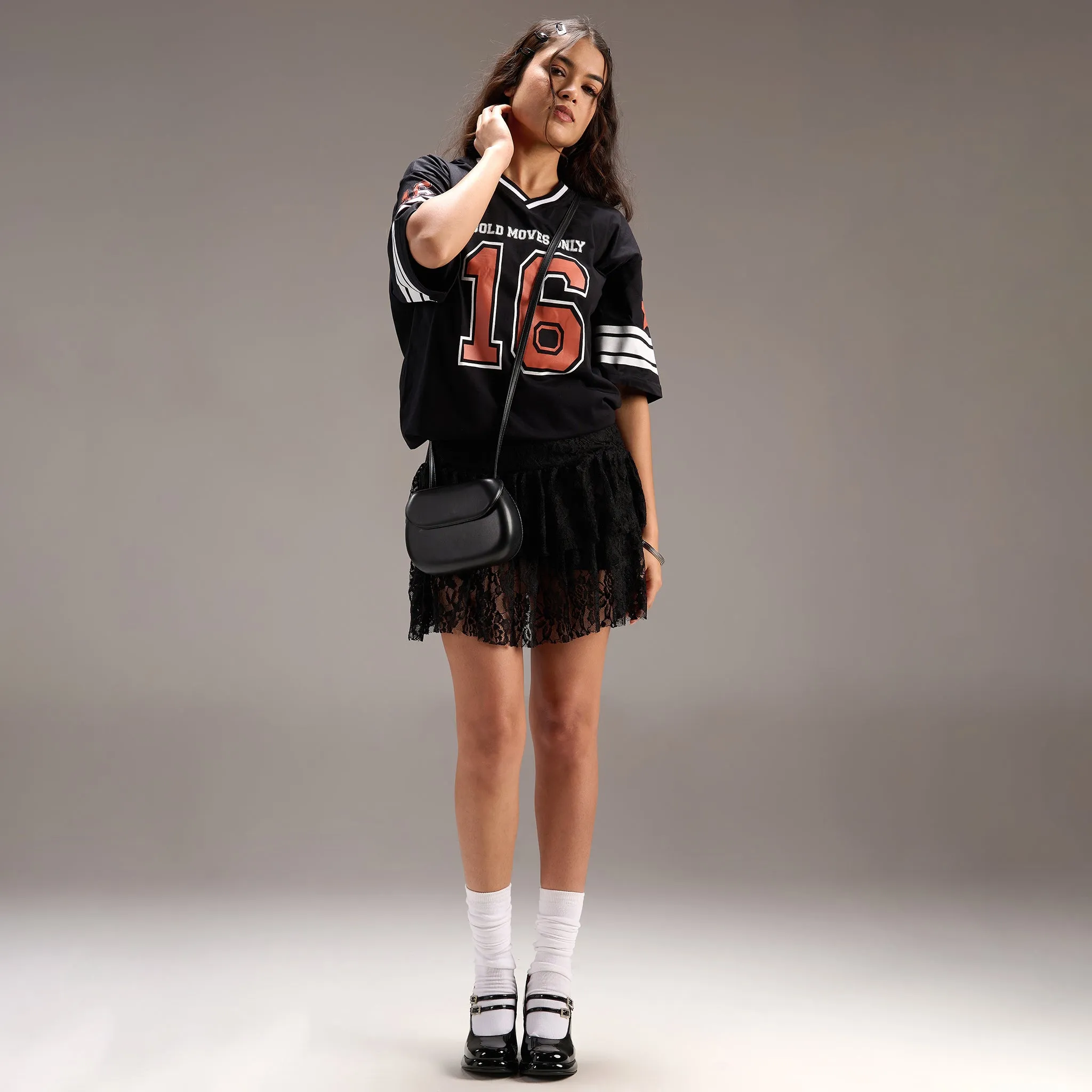 "No- 16" Oversize Varsity Black T-shirt for women