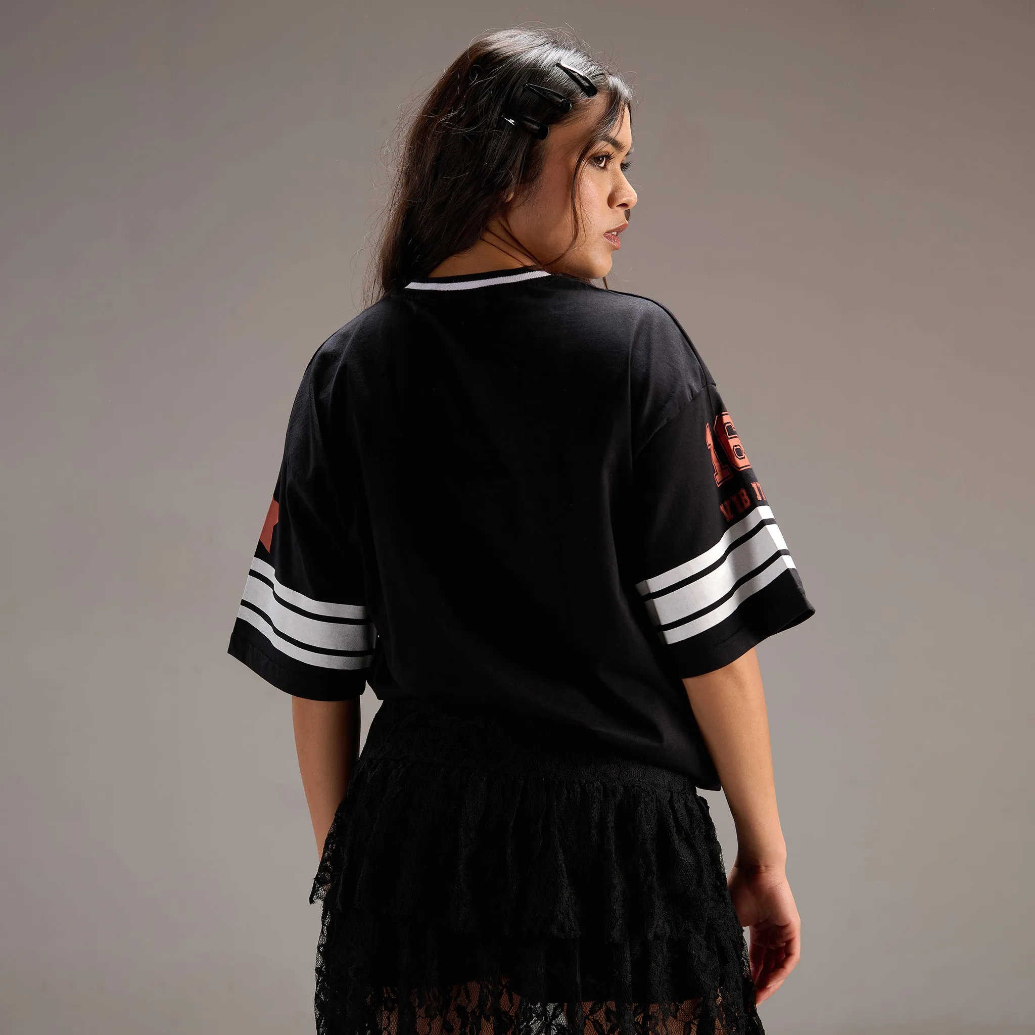 "No- 16" Oversize Varsity Black T-shirt for women