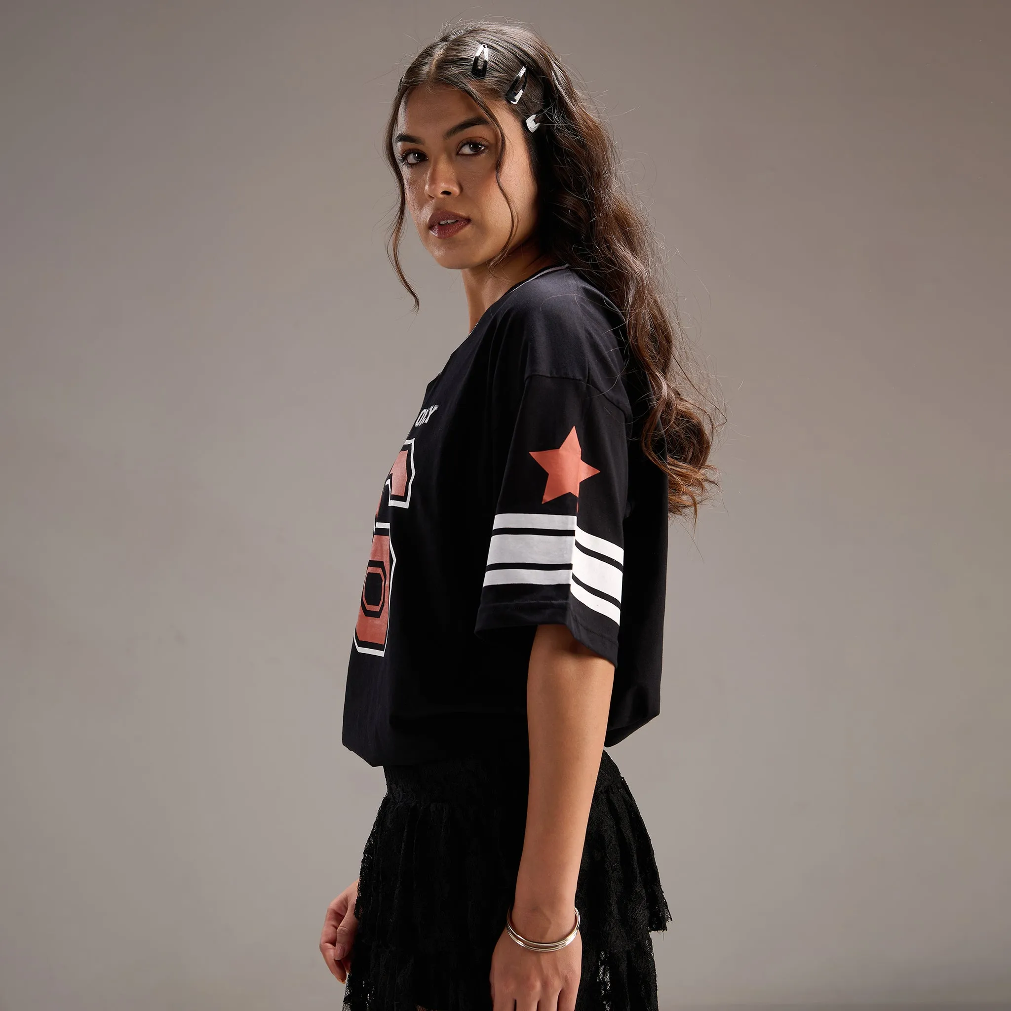 "No- 16" Oversize Varsity Black T-shirt for women