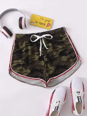 Tie Front Striped Trim Camo Track Shorts