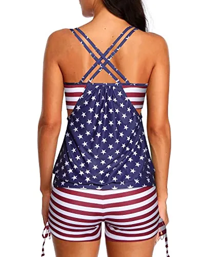 Two Piece Bathing Suits Push Up Padded Bra And Full Coverage Boy Shorts-Us Flag