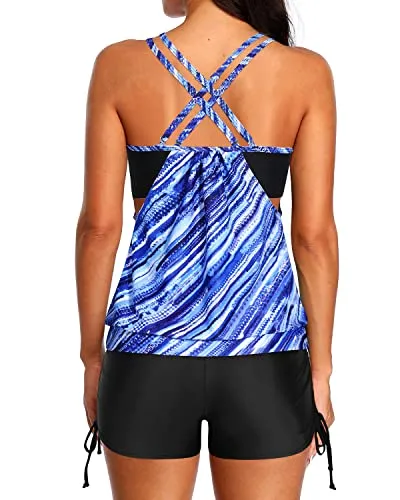 Two Piece Tummy Control Bathing Suits Blouson Swim Tank Top With Boy Shorts-Blue Stripes
