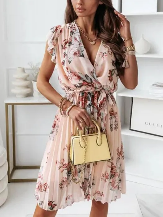 V-Neck Short Sleeves Floral Printed Knee Length Beach Dress
