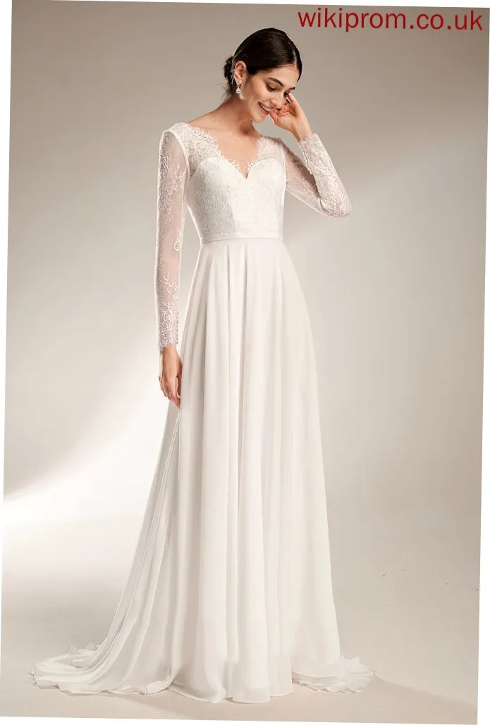Wedding Wedding Dresses Sweep V-neck Marianna Chiffon Dress Lace A-Line Train