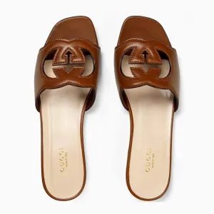 WOMEN's INTERLOCKING G CUT-OUT SLIDE SANDAL - BROWN