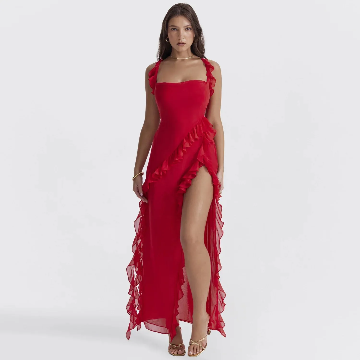 Women's Ruffle Edge Long Skirt Sleeveless High Split Dress