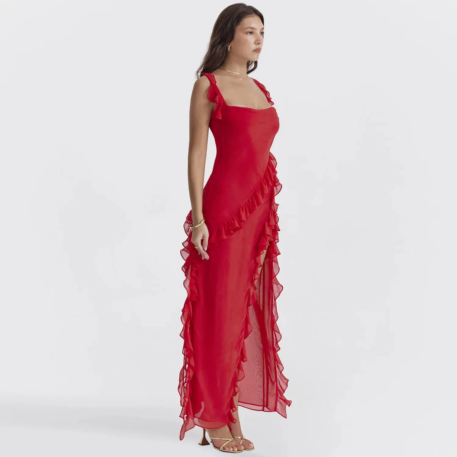Women's Ruffle Edge Long Skirt Sleeveless High Split Dress