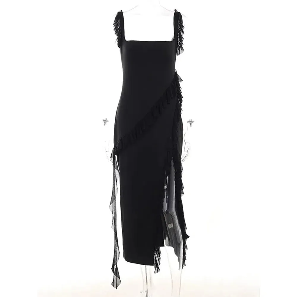 Women's Ruffle Edge Long Skirt Sleeveless High Split Dress