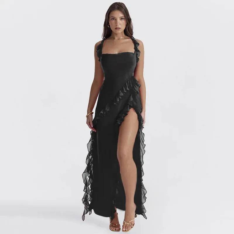Women's Ruffle Edge Long Skirt Sleeveless High Split Dress