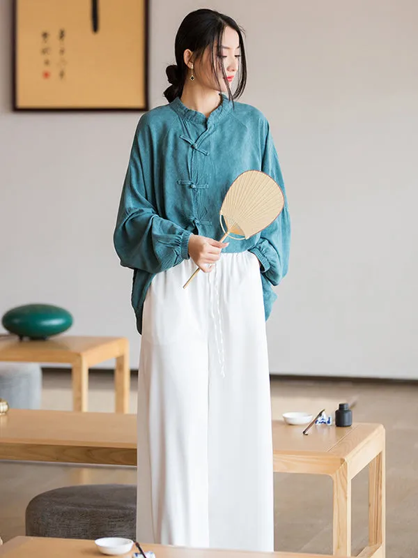 xakxx Artistic Retro Loose Long Sleeves Buttoned Solid Color Stand Collar Blouses&Shirts Tops