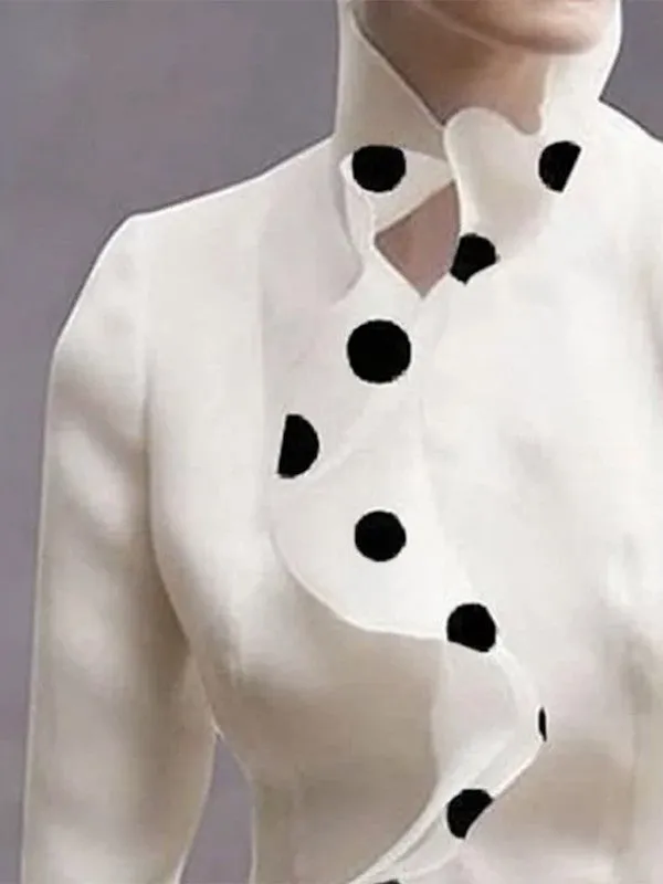xakxx Long Sleeves Falbala Polka-Dot Stand Collar Blouses&shirts Tops