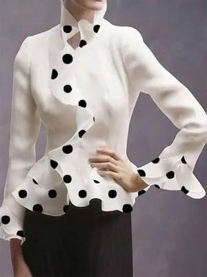 xakxx Long Sleeves Falbala Polka-Dot Stand Collar Blouses&shirts Tops