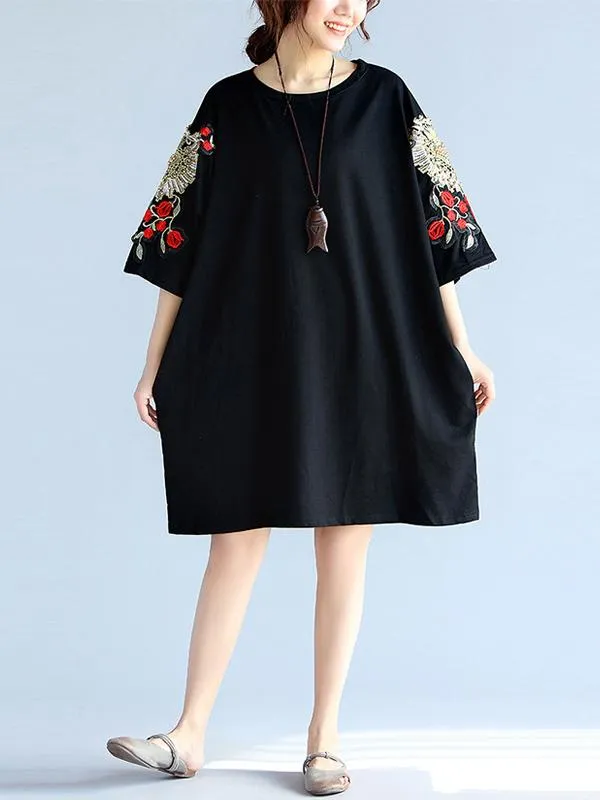 xakxx Loose Embroidery Black Midi Dresses