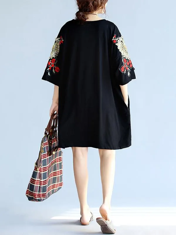 xakxx Loose Embroidery Black Midi Dresses