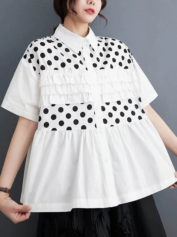 xakxx Loose Short Sleeves Contrast Color Pleated Polka-Dot Split-Joint Lapel Blouses