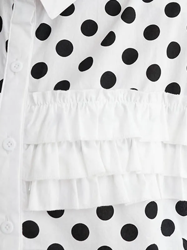 xakxx Loose Short Sleeves Contrast Color Pleated Polka-Dot Split-Joint Lapel Blouses