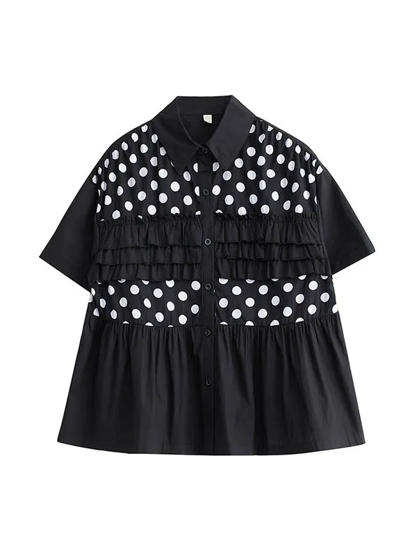 xakxx Loose Short Sleeves Contrast Color Pleated Polka-Dot Split-Joint Lapel Blouses