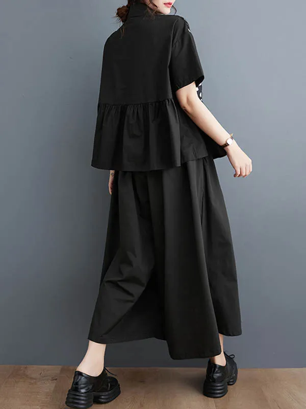 xakxx Loose Short Sleeves Contrast Color Pleated Polka-Dot Split-Joint Lapel Blouses