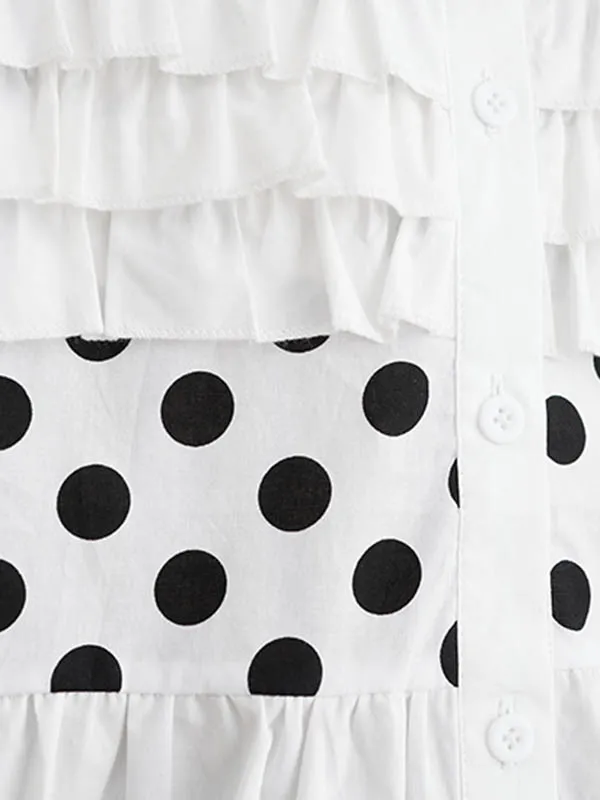 xakxx Loose Short Sleeves Contrast Color Pleated Polka-Dot Split-Joint Lapel Blouses